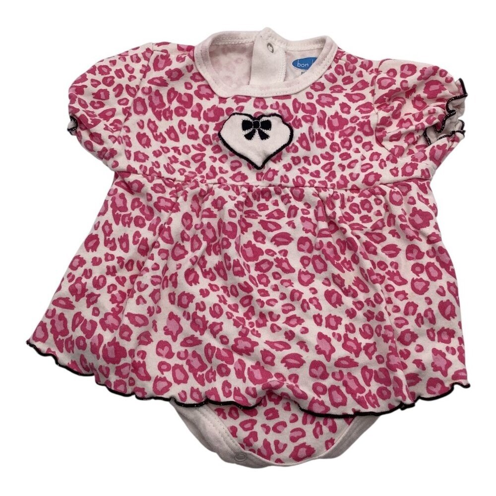 Bon Bebe Bodysuit Girls Medium 3-6 Months Pink Leopard Print Heart Bow